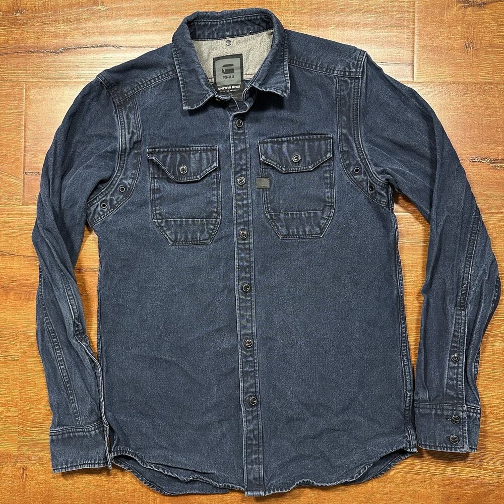 G Star Raw Denim Shirt Mens M Indigo Blue Long Sleeve Heavyweight Cotton Retro